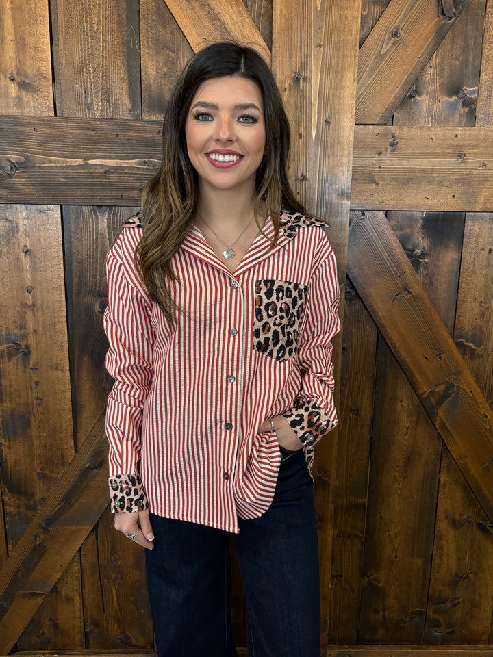 Western Contrast Leopard Stripes Blouse- 2 Colors