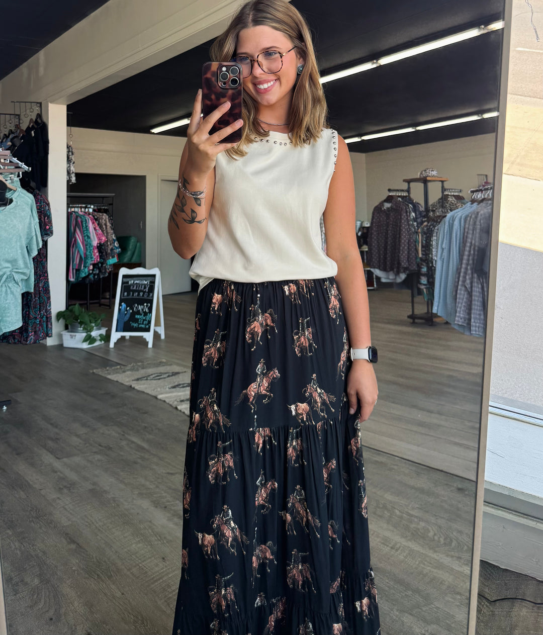 L&B Black Western Kicking Horse Ruffle Tier Skirt*