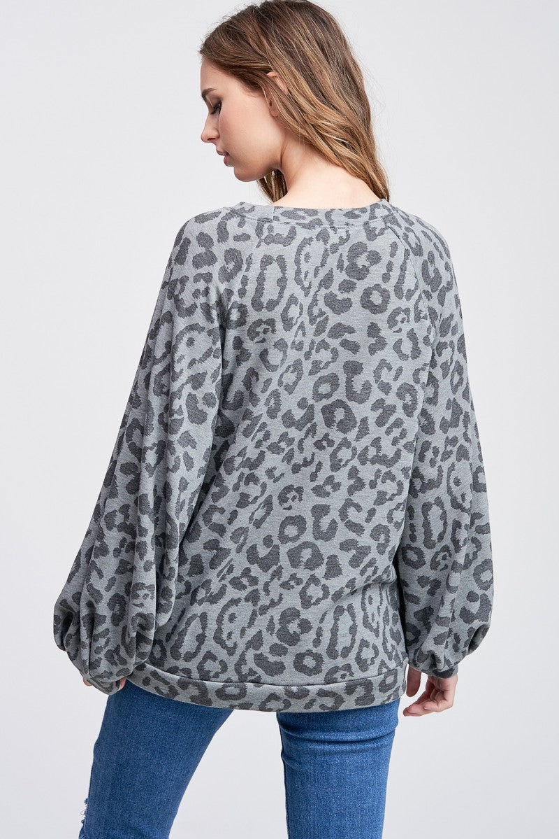 Dark Grey Leopard Bubble Sleeve Top
