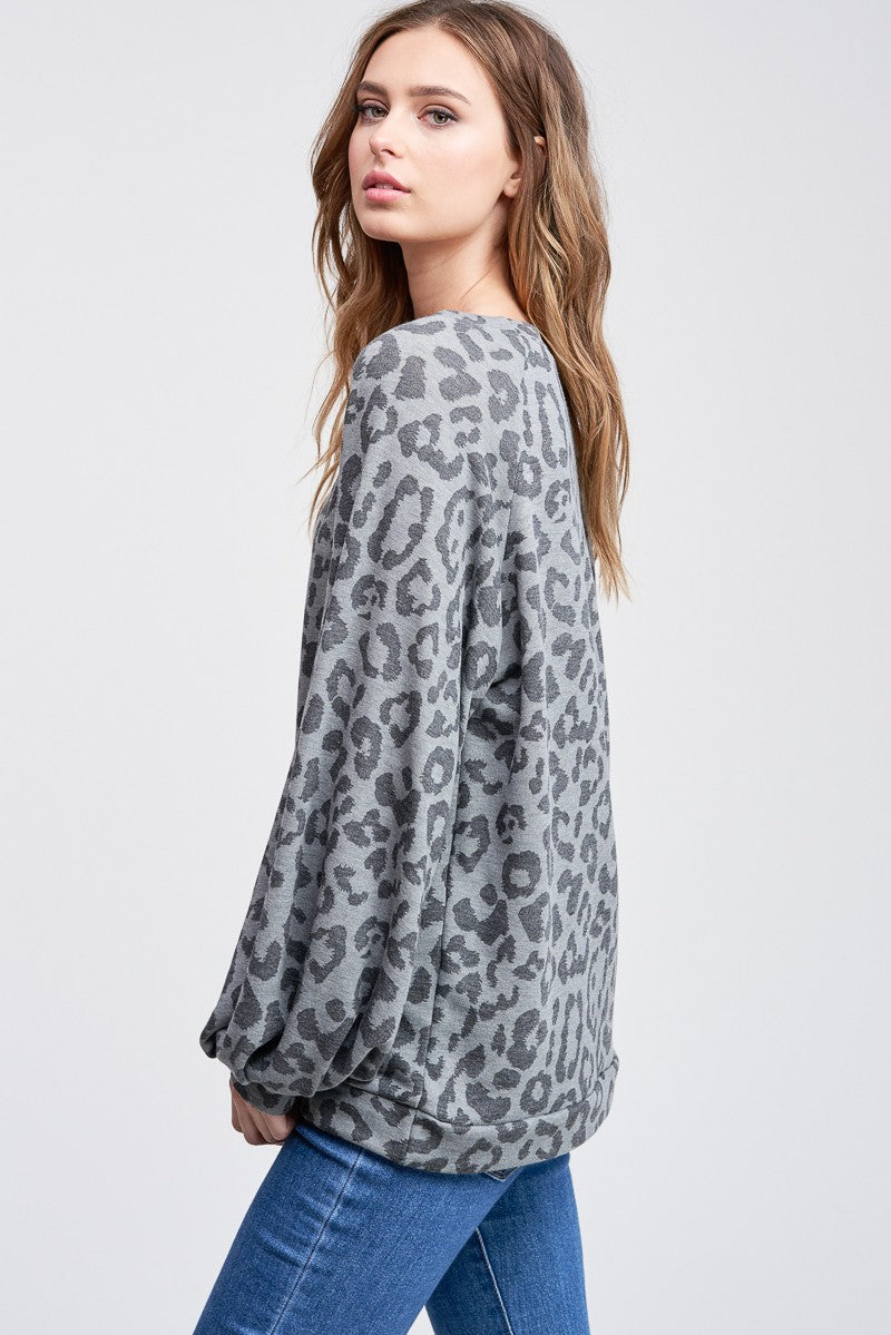 Dark Grey Leopard Bubble Sleeve Top