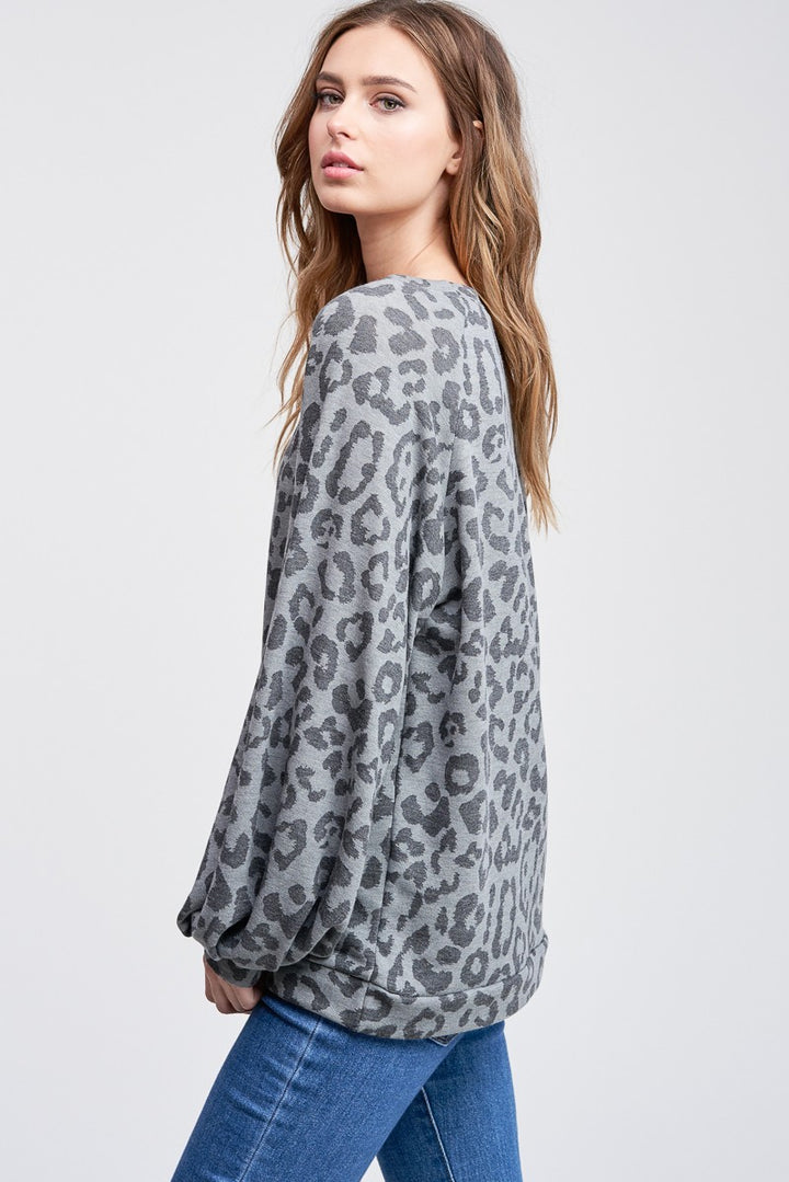 Dark Grey Leopard Bubble Sleeve Top