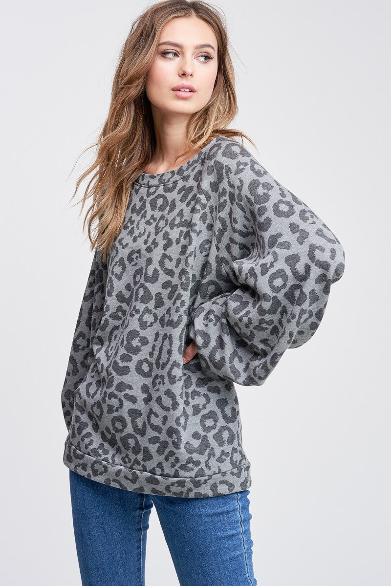 Dark Grey Leopard Bubble Sleeve Top