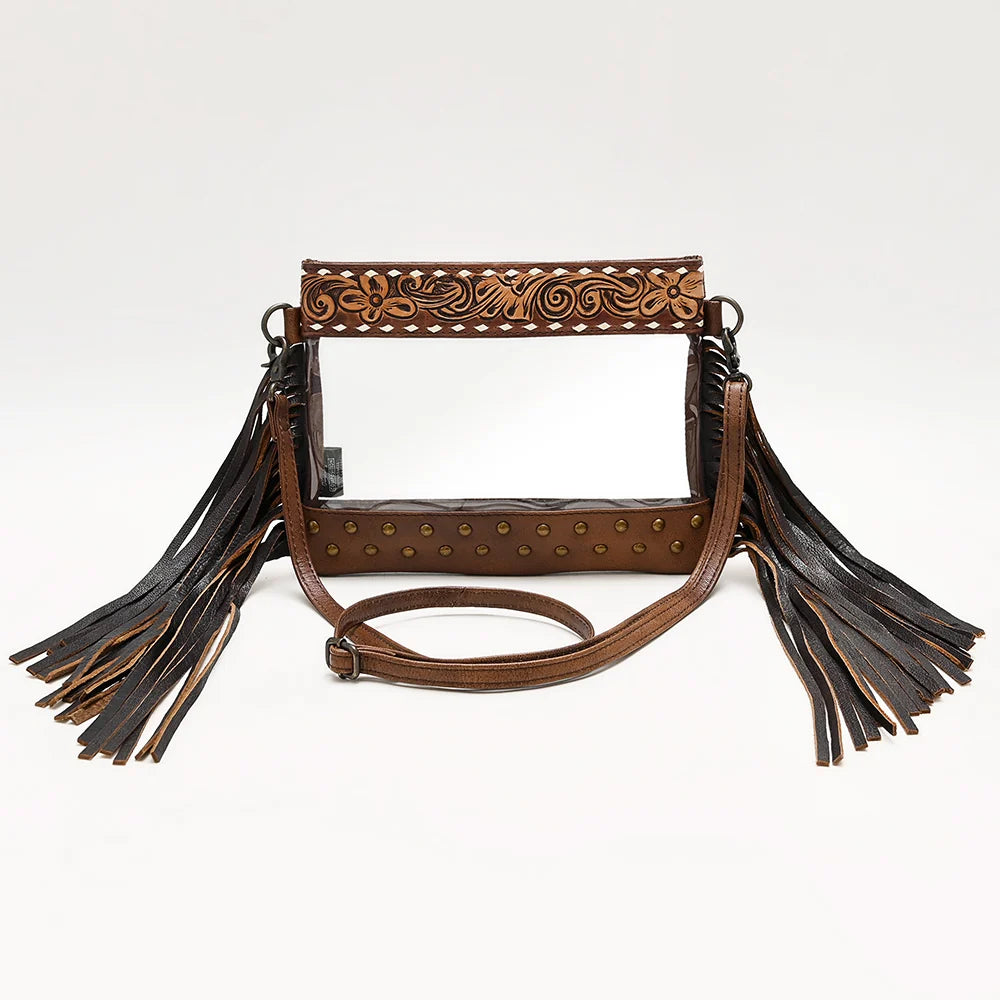 American Darling Genuine Tooled Leather Fringe Clear Crossbody Bag