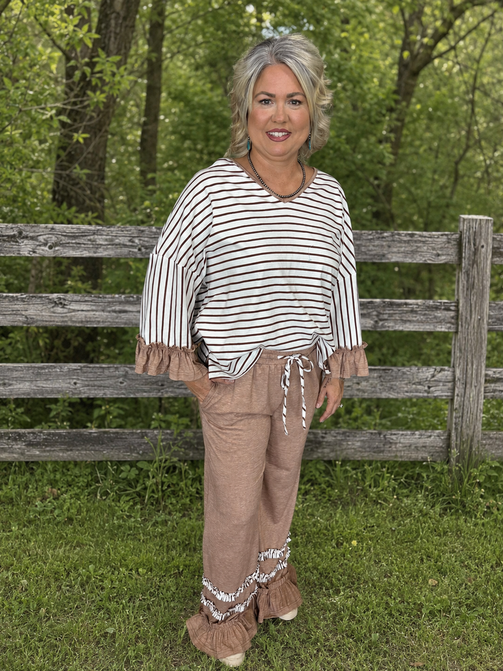 Khaki V Neck Ruffle Contrast 2 pc Set