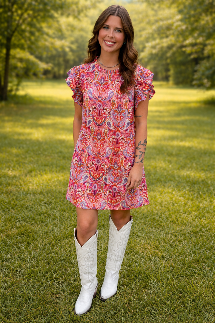 Fuchsia Paisley Short Sleeve Ruffle Dress