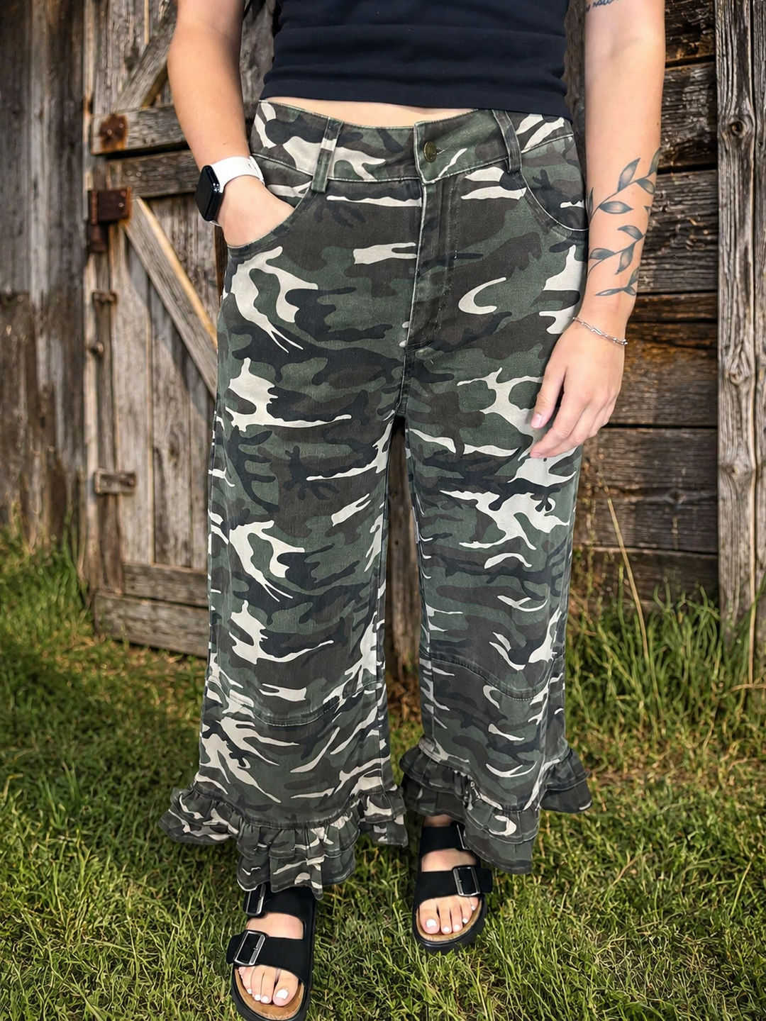 Vintage Camo Ruffle Washed Wide Leg Pants
