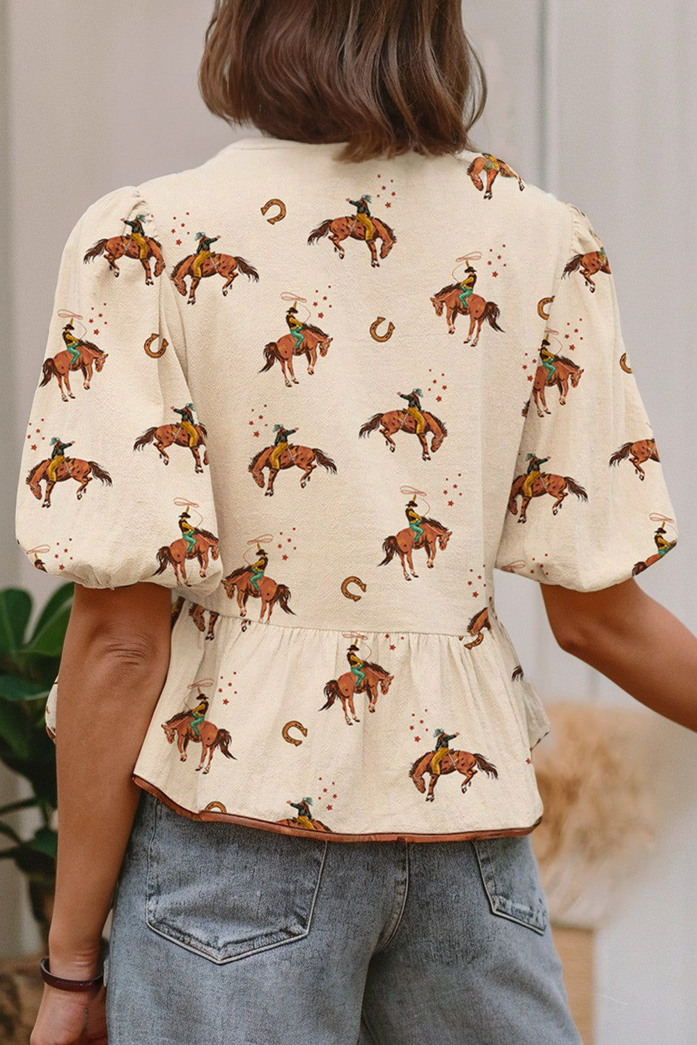 Cowboy Print Puff Sleeve Bowknot Babydoll Blouse