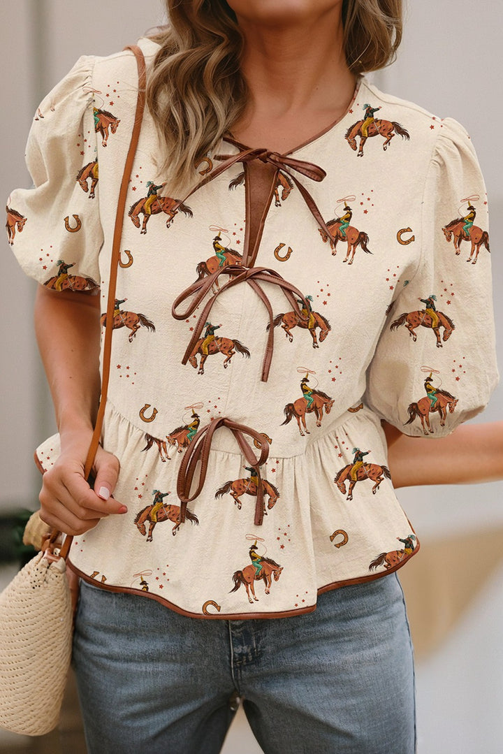 Cowboy Print Puff Sleeve Bowknot Babydoll Blouse