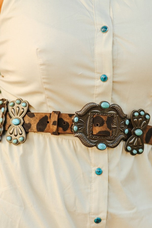 Brown Leopard Genuine Leather Turquoise Stone Ribbon Concho Belt