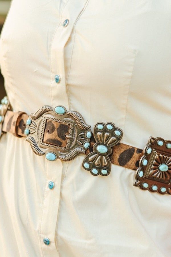 Brown Leopard Genuine Leather Turquoise Stone Ribbon Concho Belt