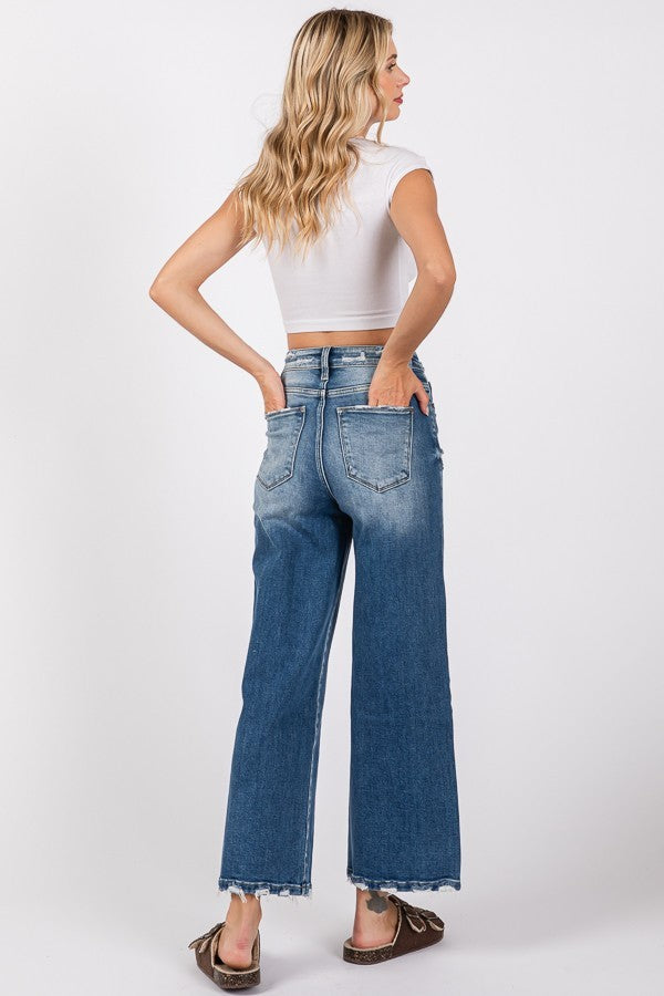 Petra High Rise Relaxed Cropped Distressed Wide Leg Jeans
