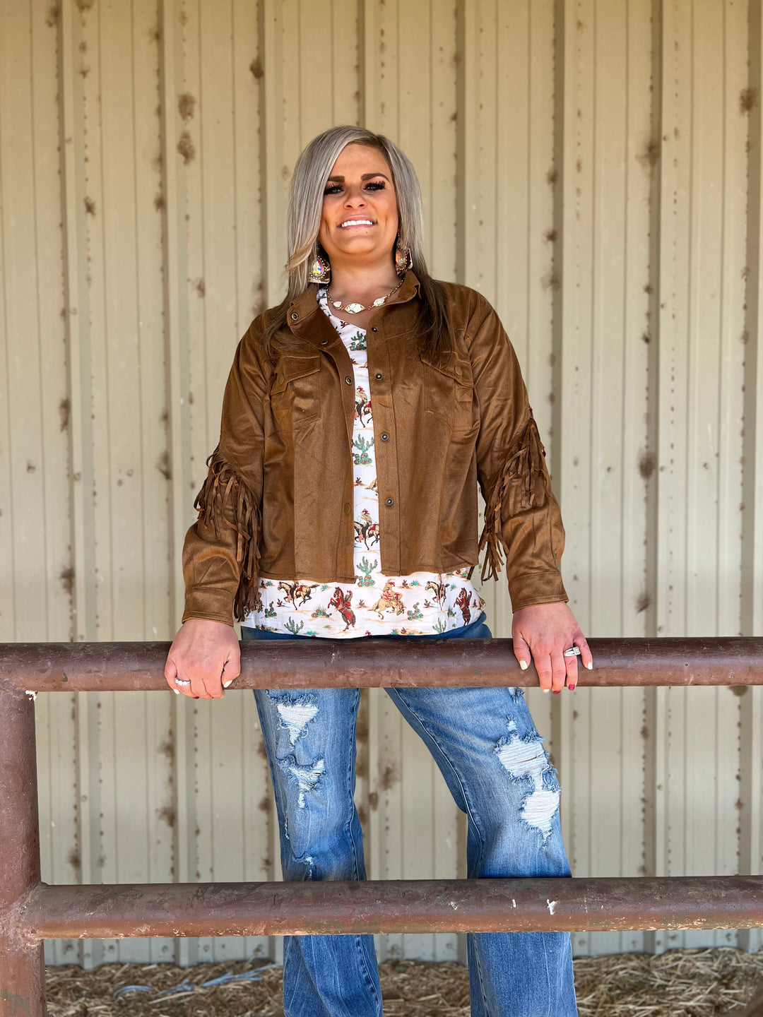 PLUS Camel Faux Suede Fringe Jacket | gussieduponline