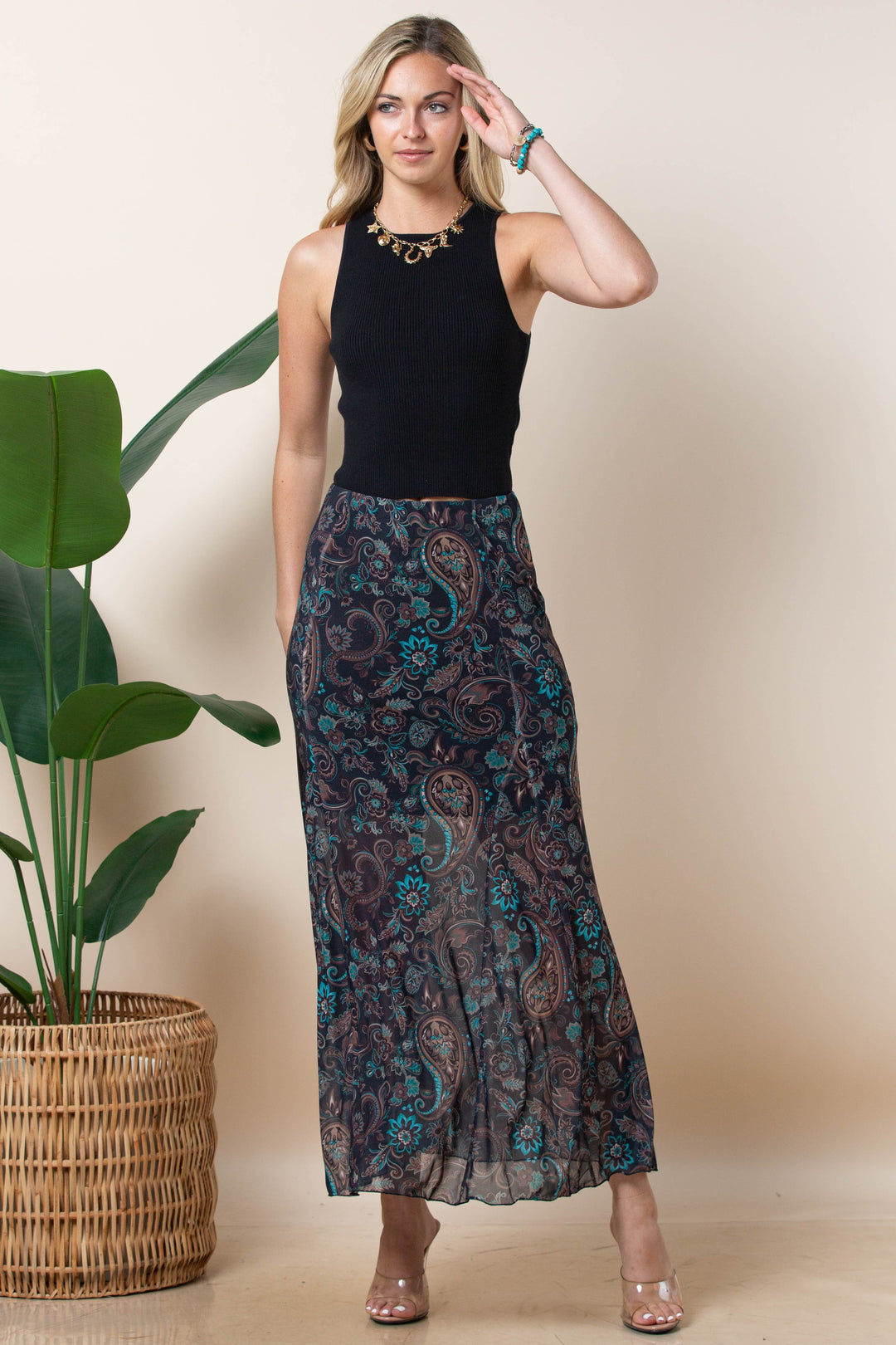 Black & Turquoise Paisley Mesh Maxi Skirt