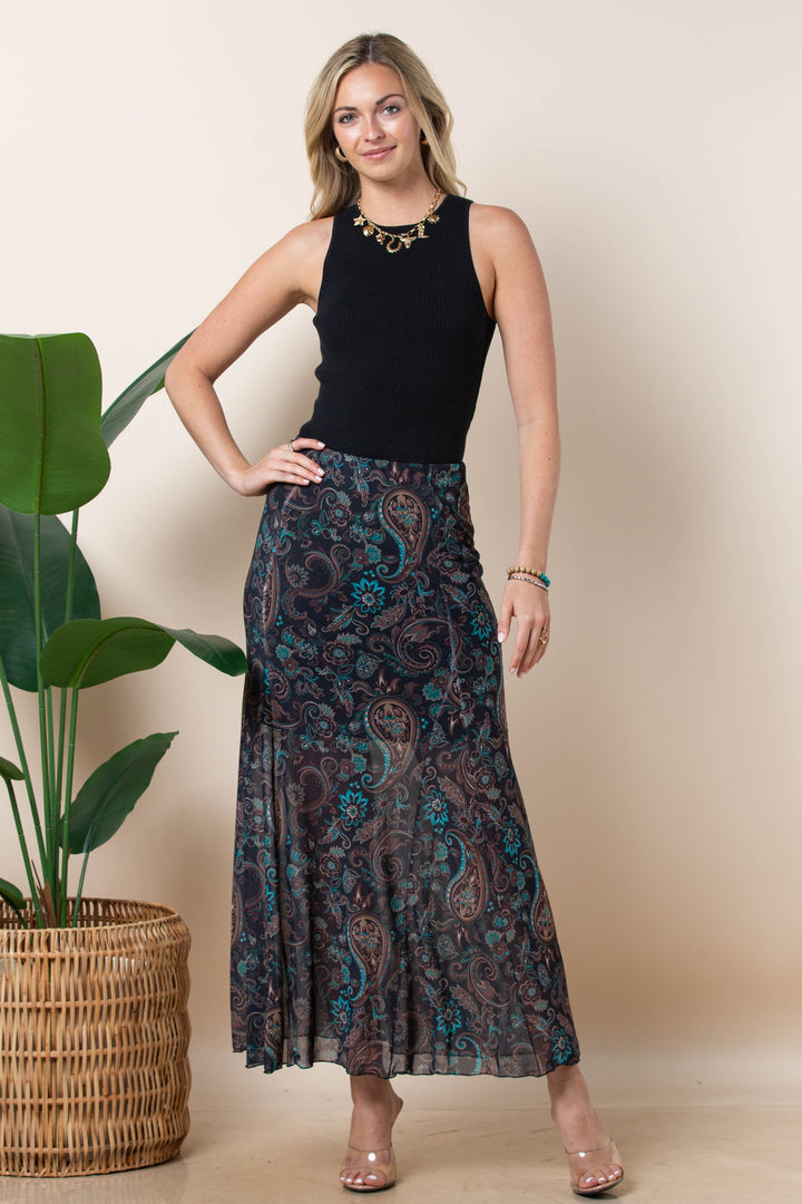 Black & Turquoise Paisley Mesh Maxi Skirt
