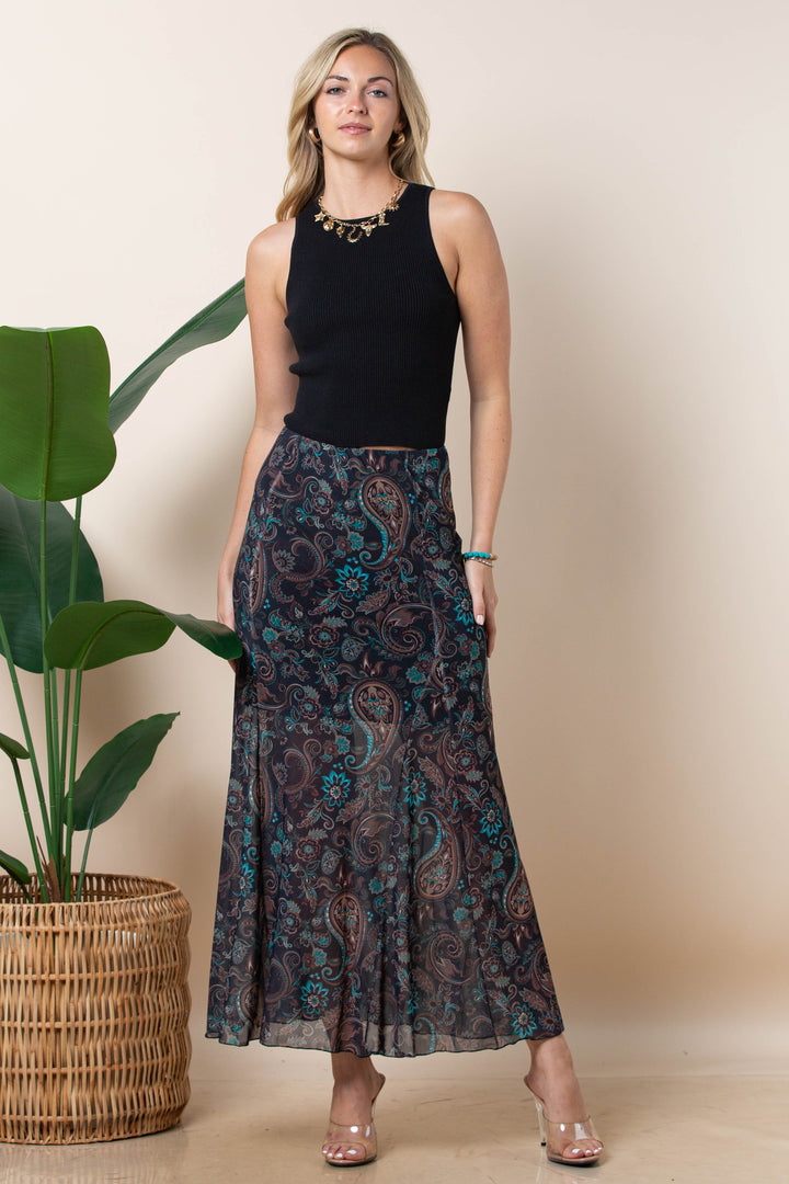 Black & Turquoise Paisley Mesh Maxi Skirt