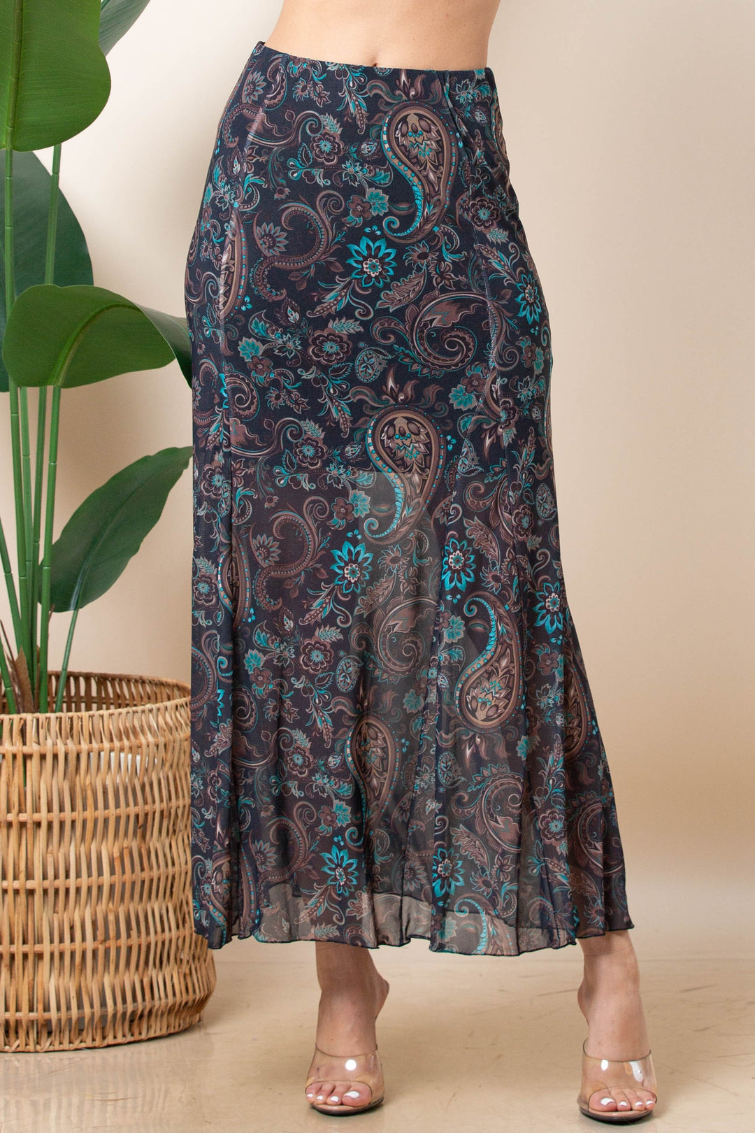 Black & Turquoise Paisley Mesh Maxi Skirt