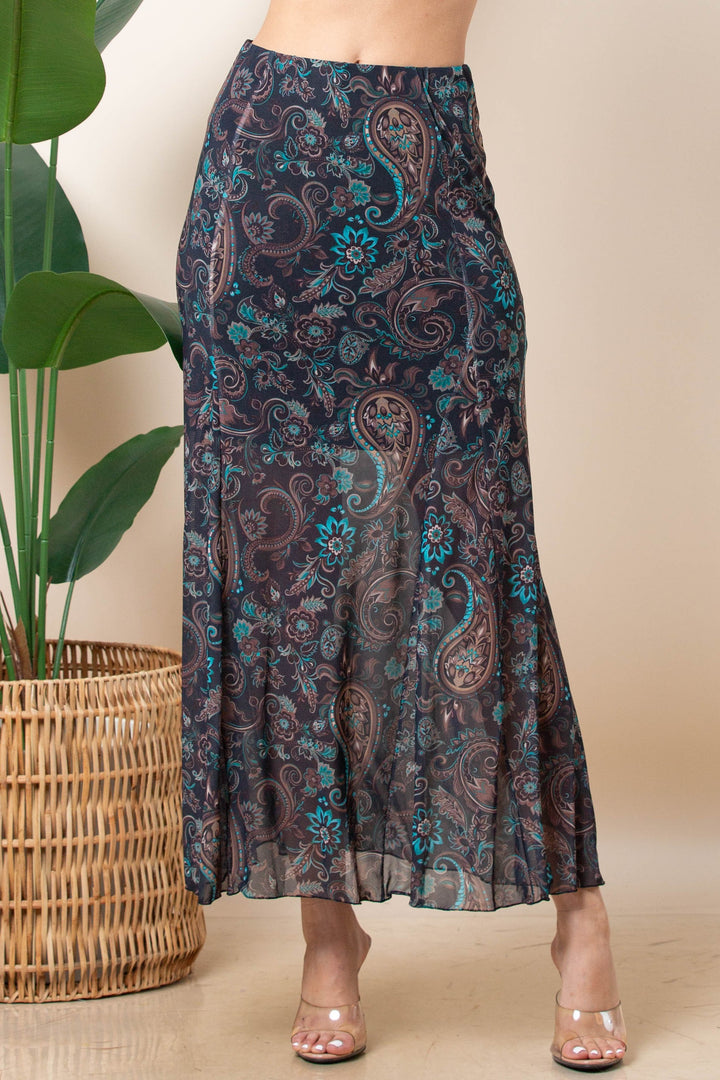 Black & Turquoise Paisley Mesh Maxi Skirt