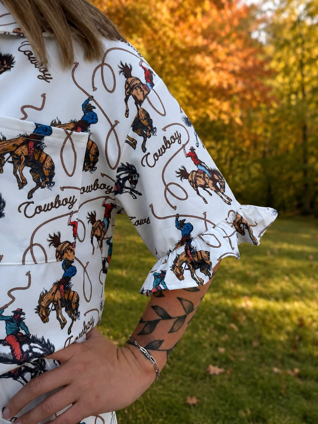 Ivory Cowboy Printed Button Down Ruffle Set