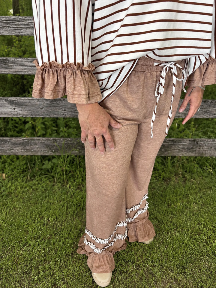 Khaki V Neck Ruffle Contrast 2 pc Set