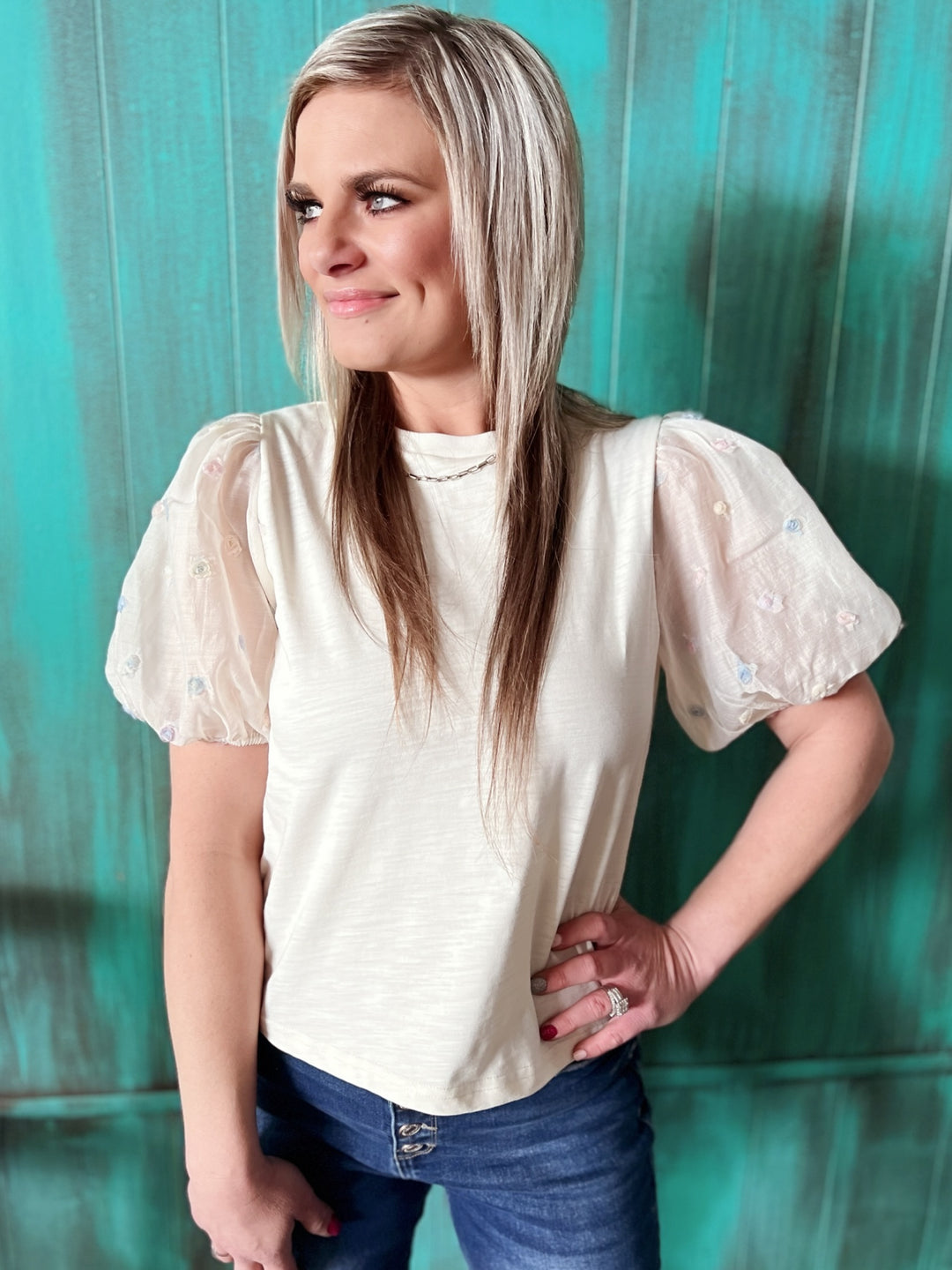 3D Flower Textured Sleeve Cream Top*