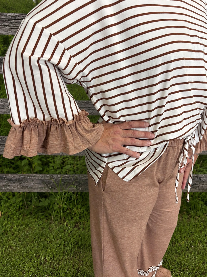 Khaki V Neck Ruffle Contrast 2 pc Set