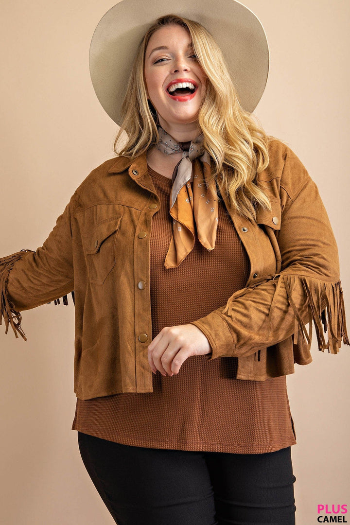 PLUS Camel Faux Suede Fringe Jacket | gussieduponline