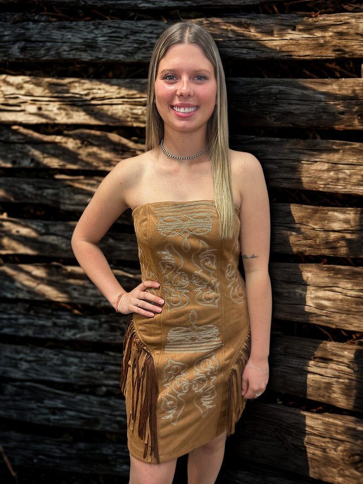 Camel Suede Boot Stitch Embroidered Fringe Dress*