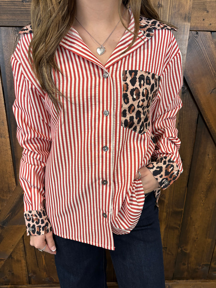 Western Contrast Leopard Stripes Blouse- 2 Colors