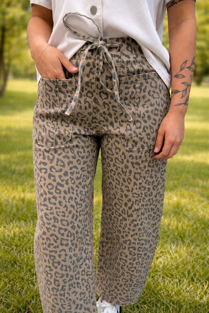 Khaki Leopard Wide Leg Pants