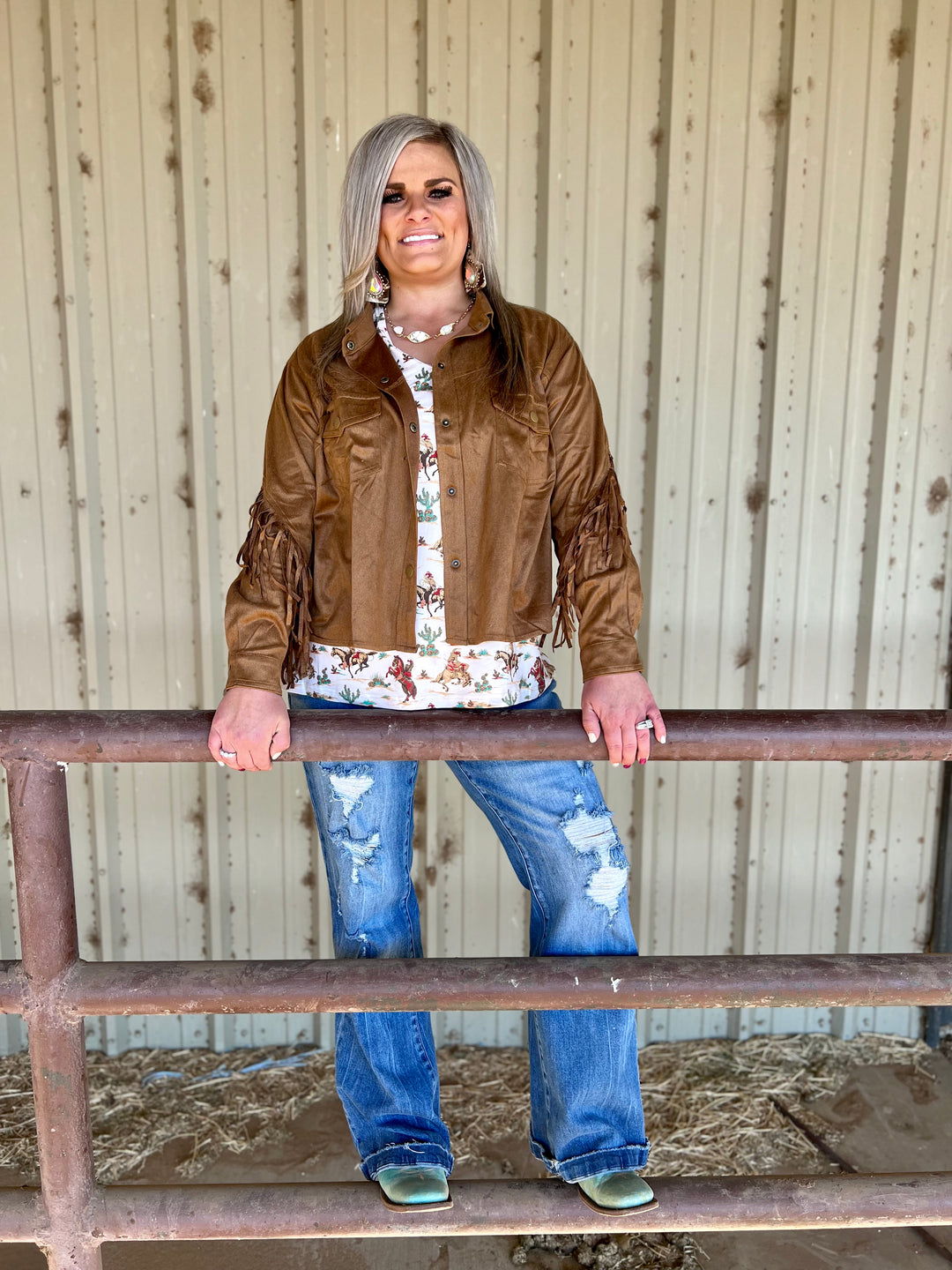 PLUS Camel Faux Suede Fringe Jacket | gussieduponline