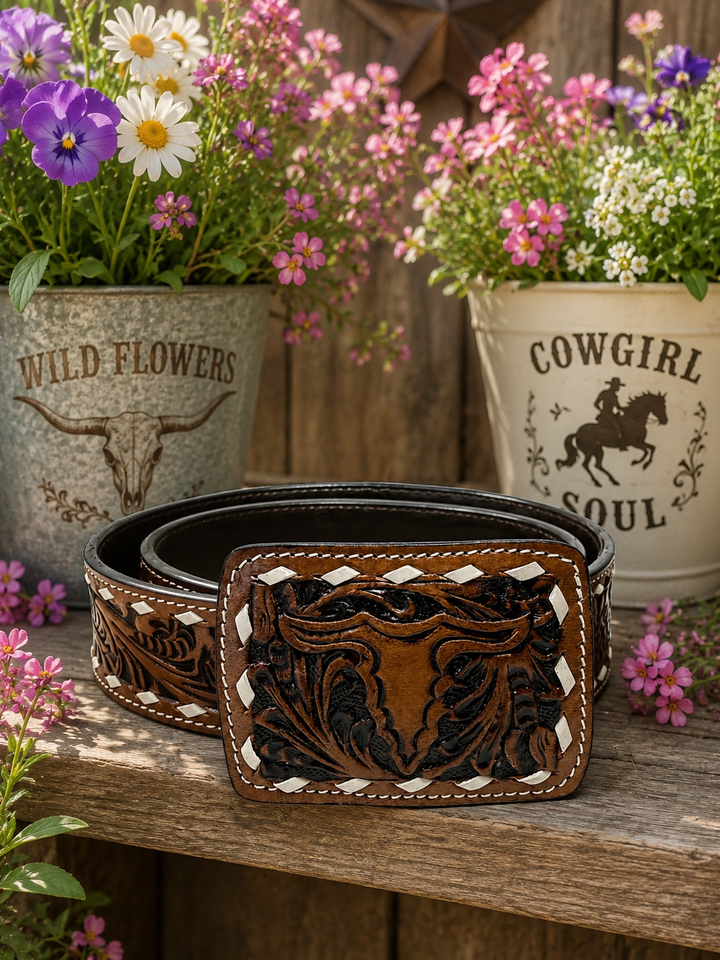 Brown Ivory Tooled Western Leather Belt w/ White Floral Detail
