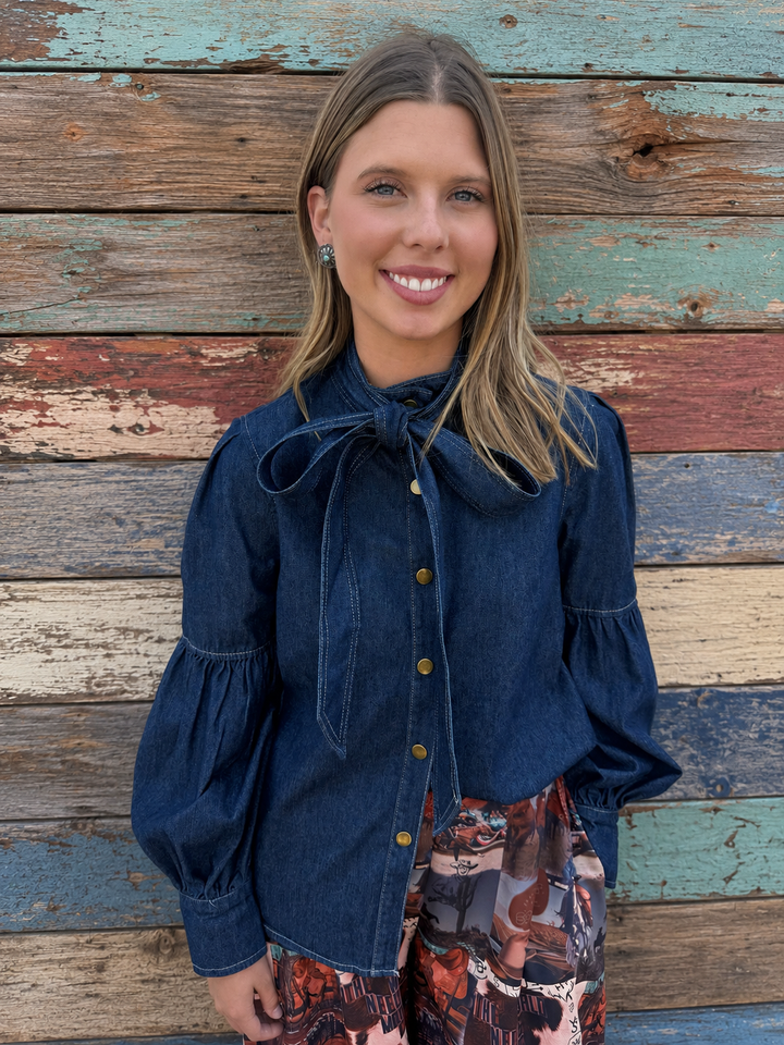 Dark Wash Puff Long Sleeve Bow Tie Denim Top