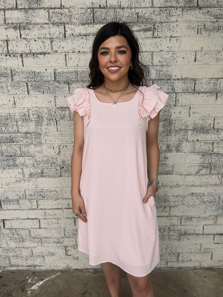 Baby Pink Textured Flutter Sleeve Bow Back Mini Dress*