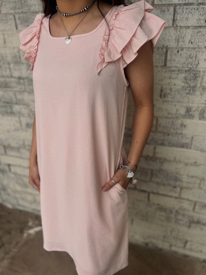 Baby Pink Textured Flutter Sleeve Bow Back Mini Dress*