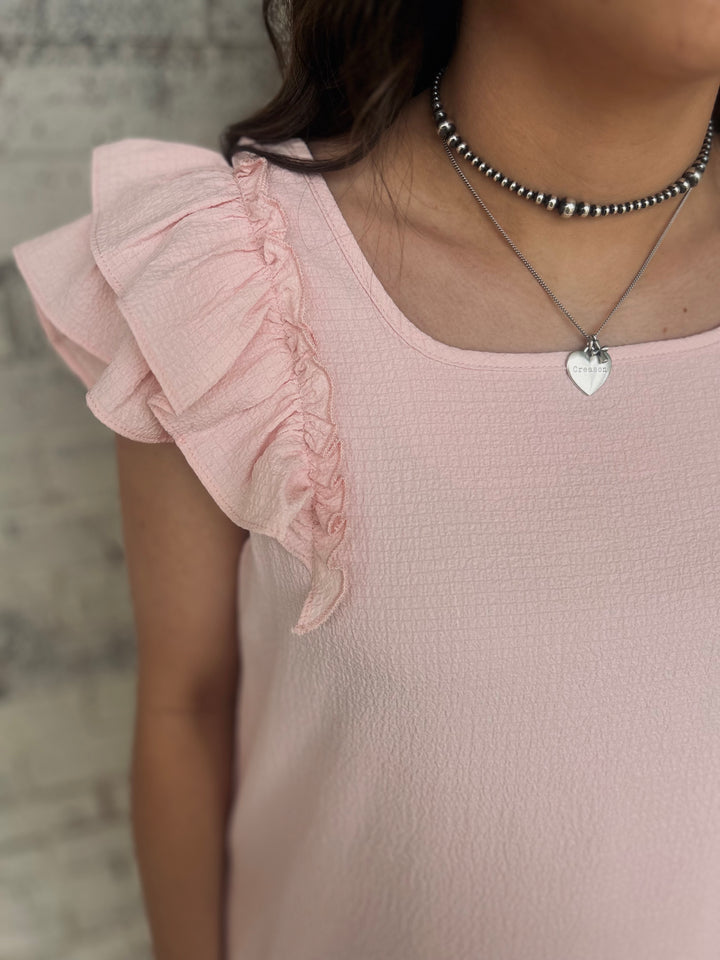 Baby Pink Textured Flutter Sleeve Bow Back Mini Dress*