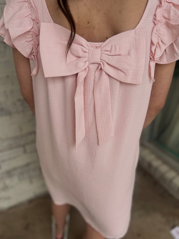 Baby Pink Textured Flutter Sleeve Bow Back Mini Dress*