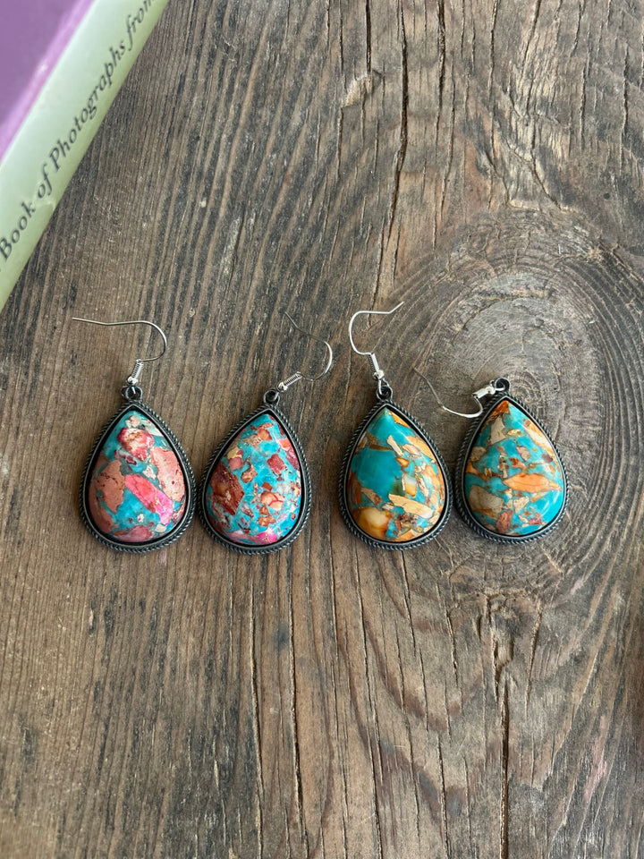 Big Tear Drop Stone Turquoise Dangle Earrings - 2 Colors