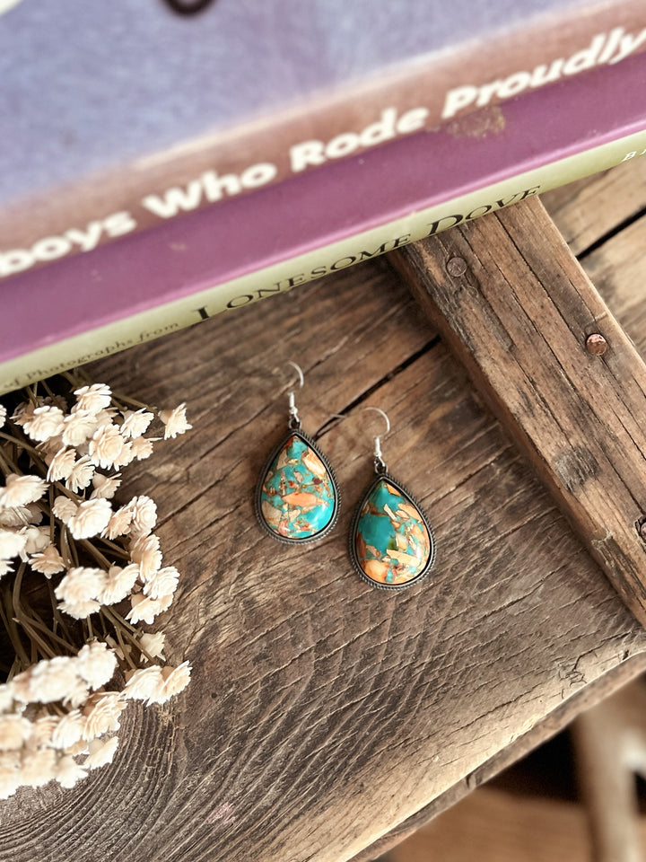 Big Tear Drop Stone Turquoise Dangle Earrings - 2 Colors