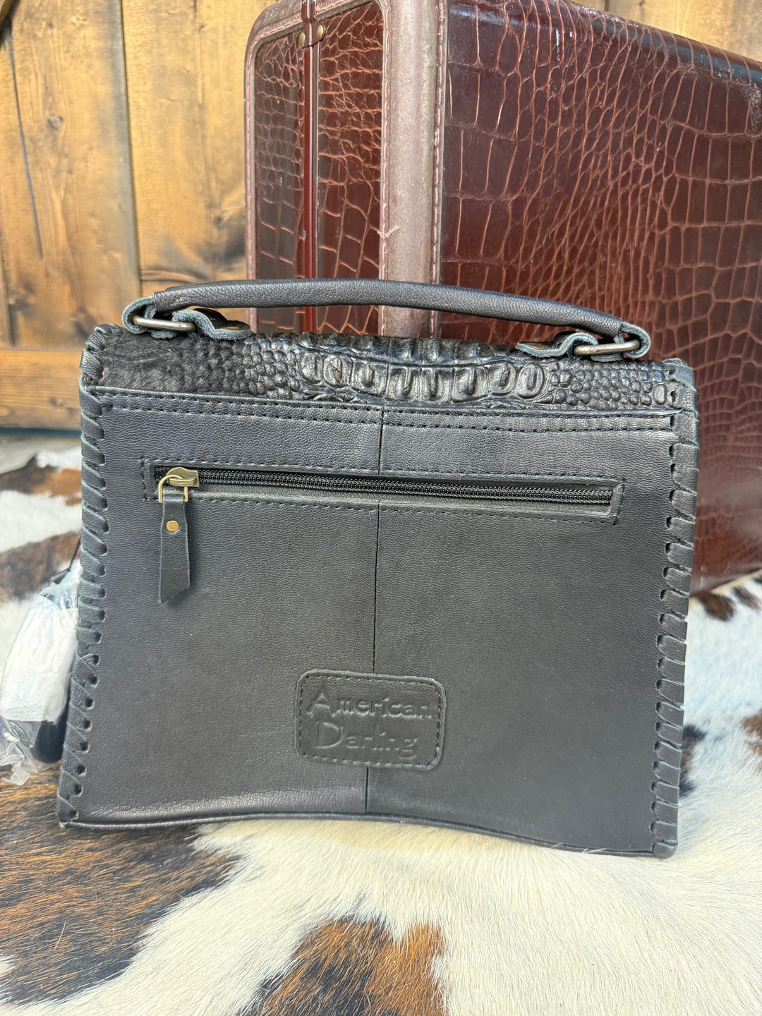 American Darling Black Embossed Leather & Cowhide Crossbody