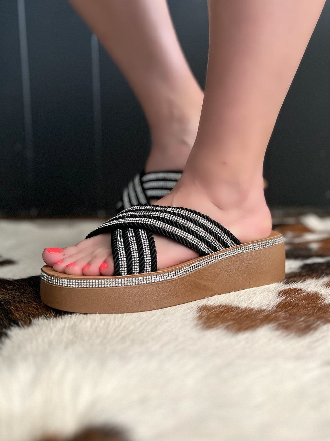 Black Rhinestone Crisscross Platform Sandal*