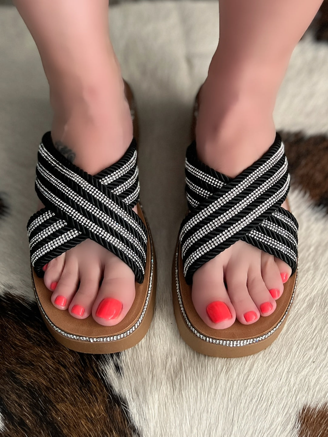 Black Rhinestone Crisscross Platform Sandal*