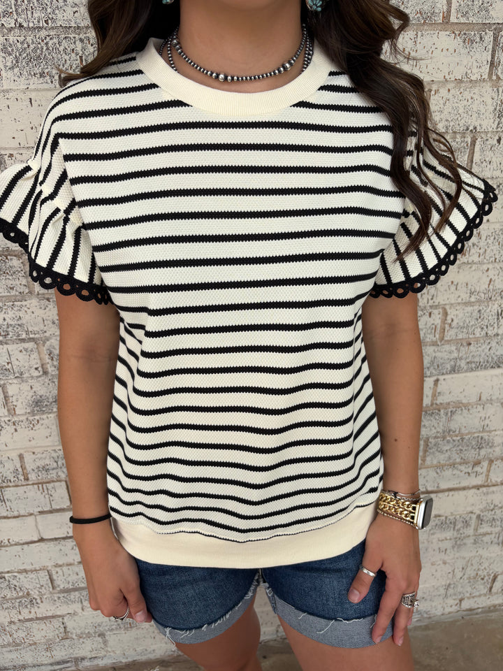 Black Stripe Scallop Lace Trim Ruffle Crewneck Top