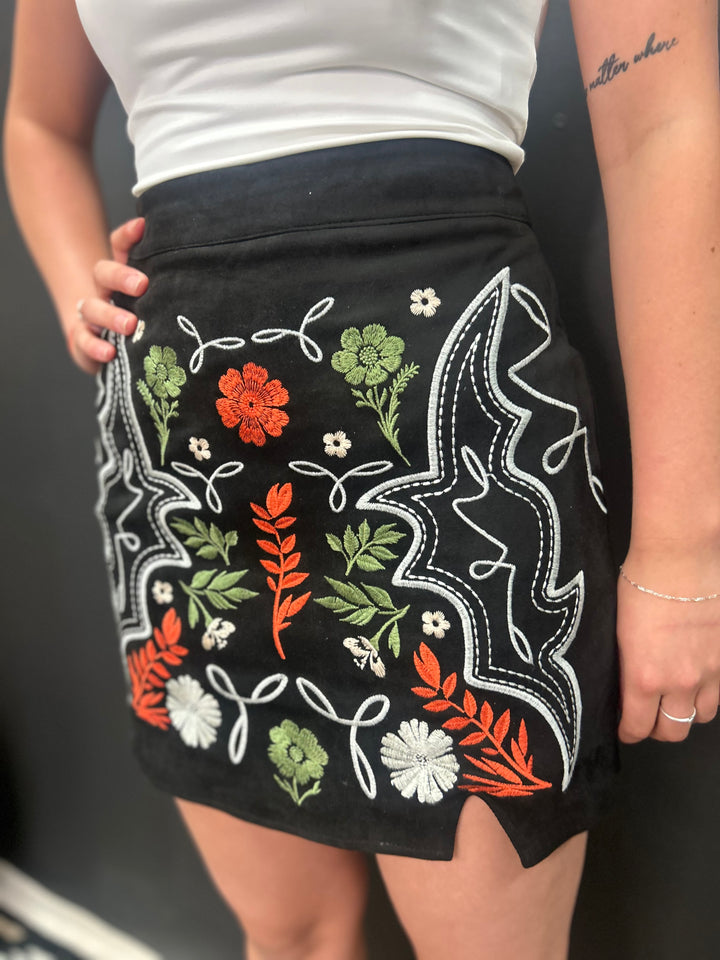 Black Suede Aztec Floral Embroidered Front Slit Skirt*