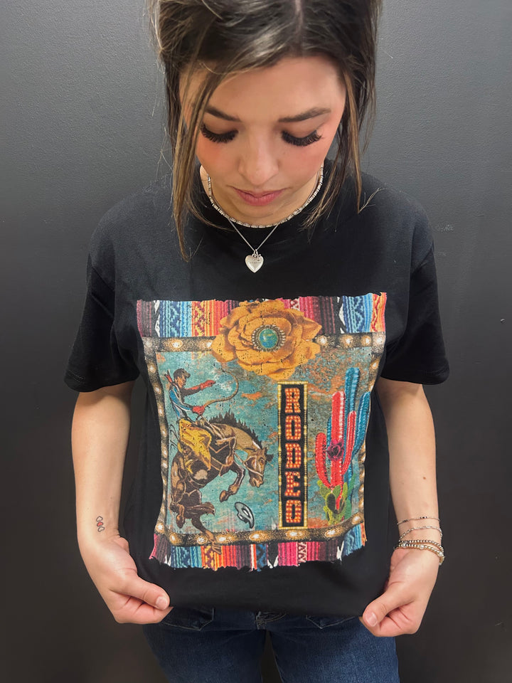 Black Vintage Bronc Rider Serape Graphic Tee