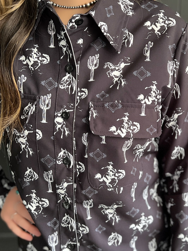 Black Western Printed Long Sleeve Button Up*