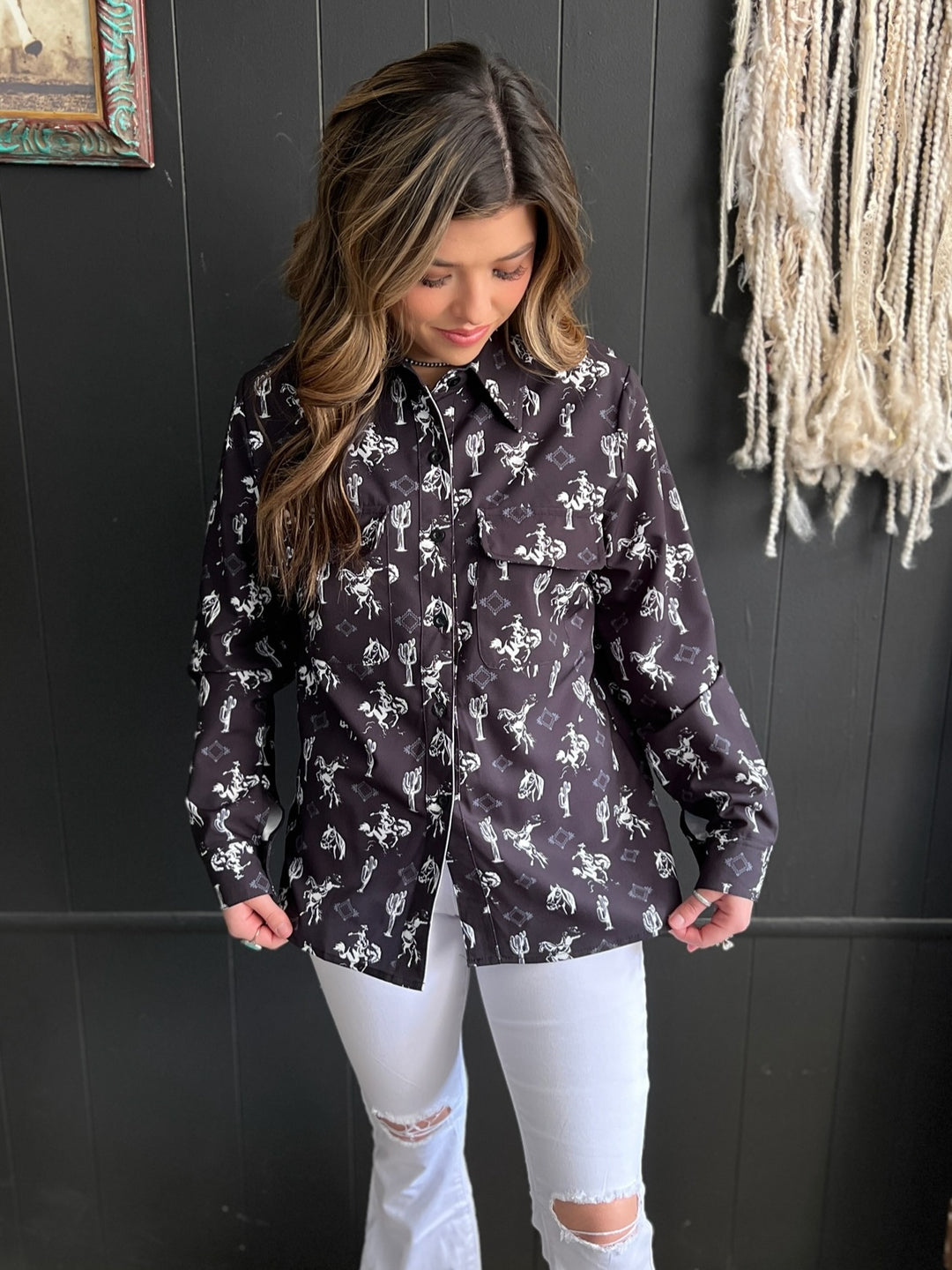Black Western Printed Long Sleeve Button Up*