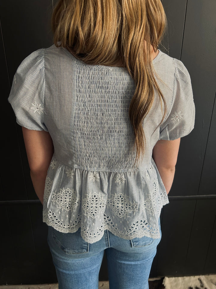 Blue & White Pin Stripe Floral Embroidered Top*