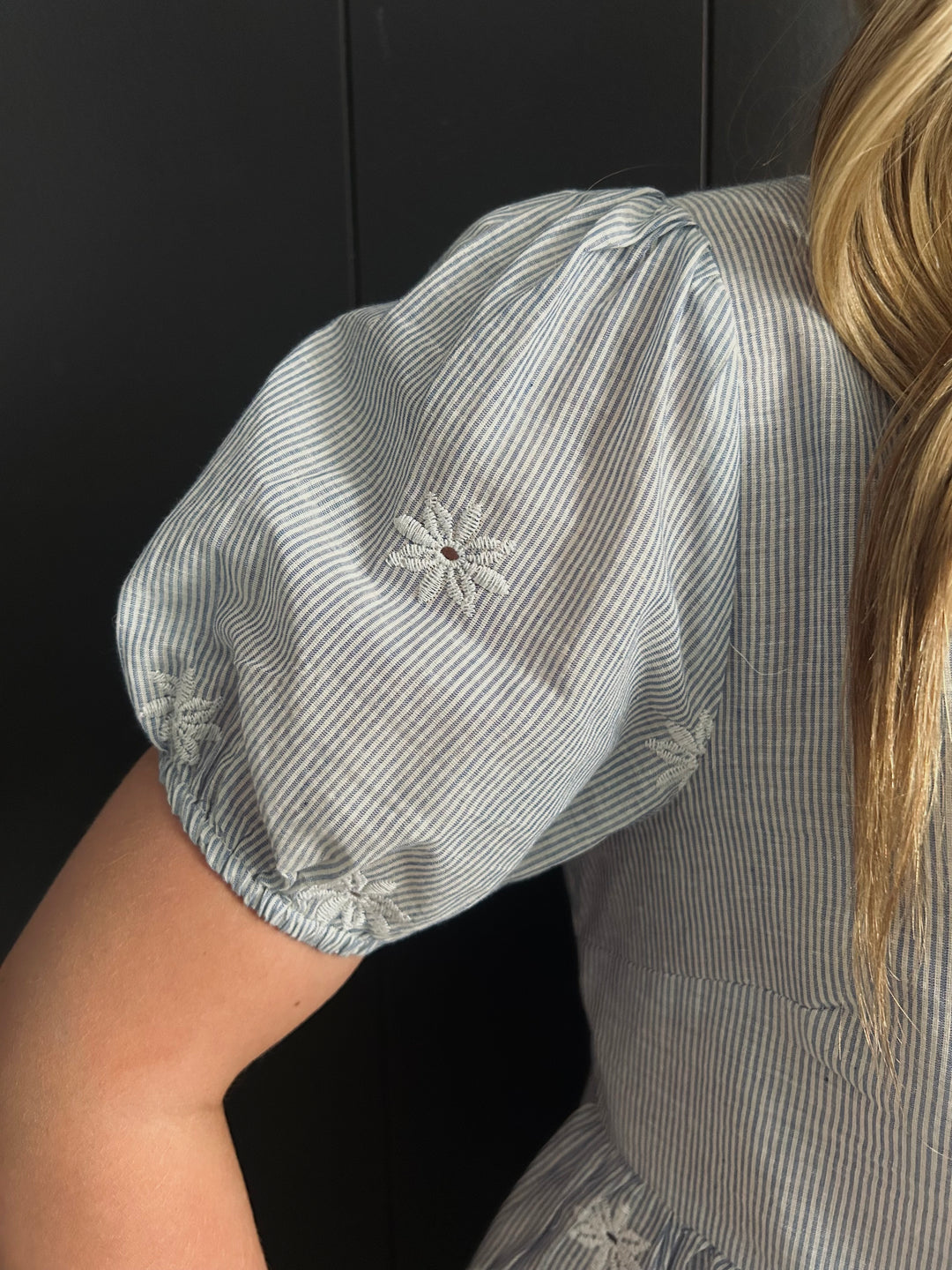 Blue & White Pin Stripe Floral Embroidered Top*
