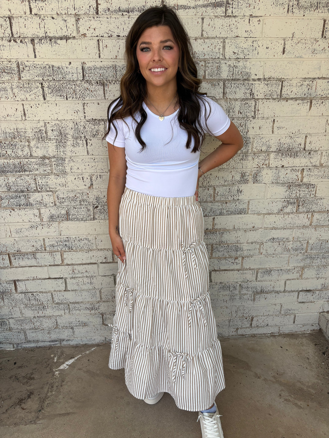 Bow Tie Tiered Taupe Stripe Maxi Skirt*