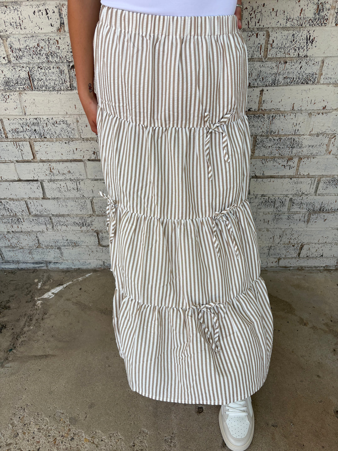 Bow Tie Tiered Taupe Stripe Maxi Skirt*